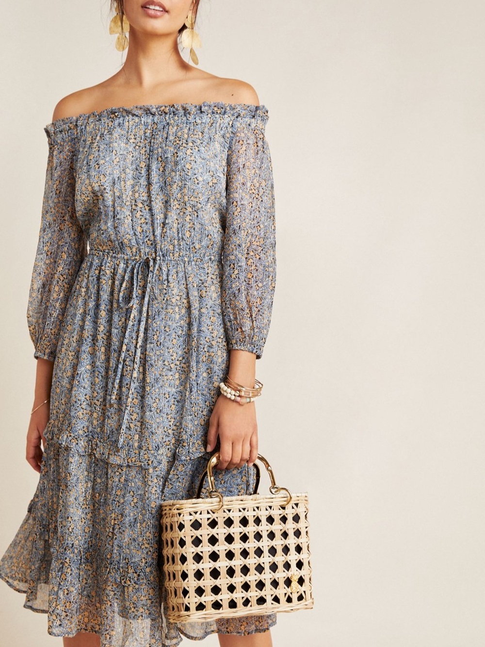 Anthropologie Blue Floral Off Shoulder Midi Dress Size 10